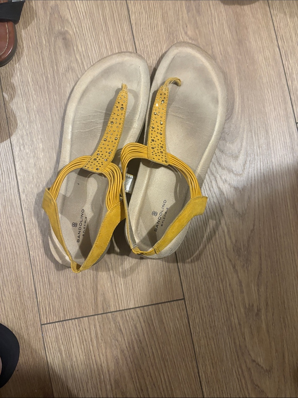 Bandolino Mustard Yellow Rhinestone T-Strap Sandals